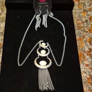 paparazzi Silver Triple Crescent Pendant Necklace with Cream Inset and Tassel